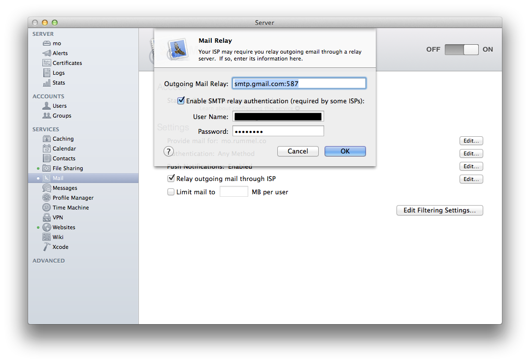 Screen Capture OS X Server Mail Settings